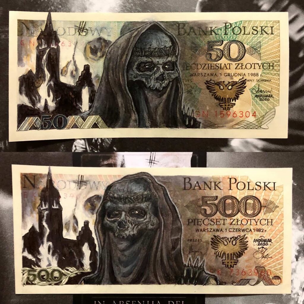 Zespoły metalowe na polskich banknotach - niesamowite rysunki Luisa Andühaara 2 Nergal w masce na banknocie
