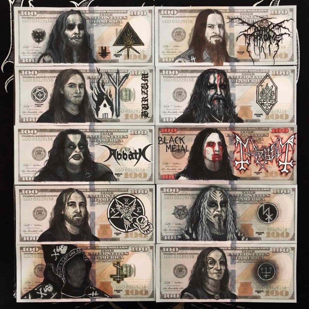 Zespoły metalowe na polskich banknotach - niesamowite rysunki Luisa Andühaara 10 Zespoły black metalowe na pieniądzach