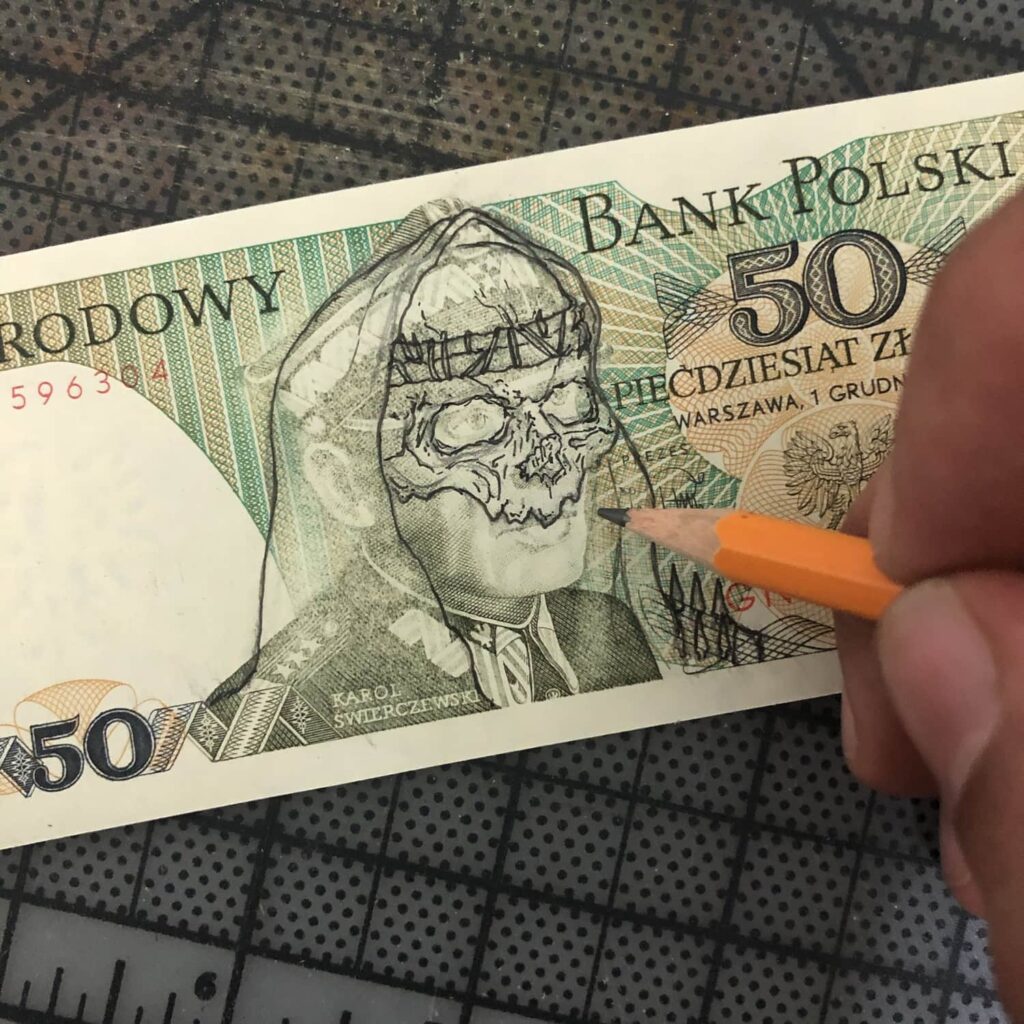 Zespoły metalowe na polskich banknotach - niesamowite rysunki Luisa Andühaara 3 Zespoły na polskich banknotach szkic