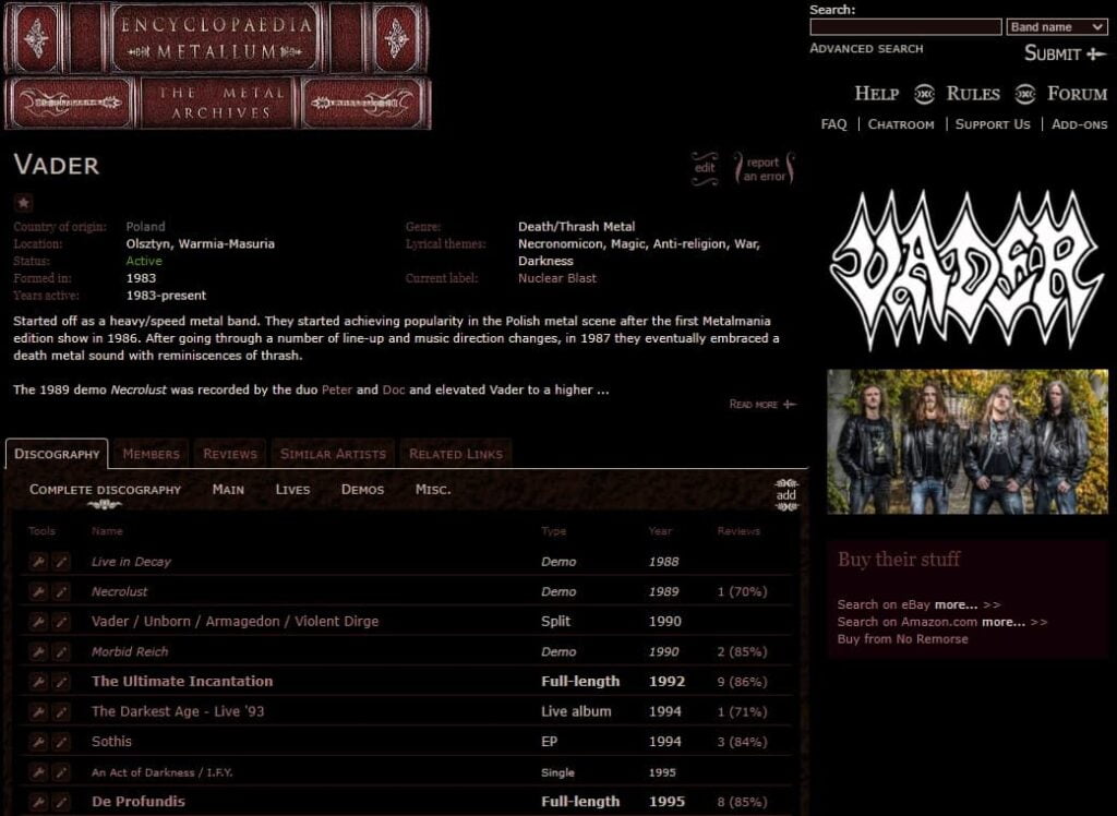 Encyklopedia Metalu – skarbnica wiedzy dla fanów ciężkiego brzmienia 4 Vader na Metal Archives