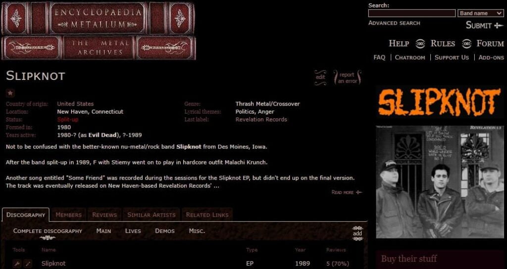 Encyklopedia Metalu – skarbnica wiedzy dla fanów ciężkiego brzmienia 3 Slipknot na Metal Archives