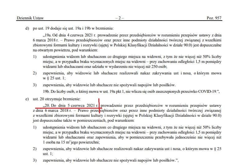 Powrót koncertów w Polsce od 4 czerwca 2021 roku 2 Dziennik ustaw w sprawie powrotu koncertów