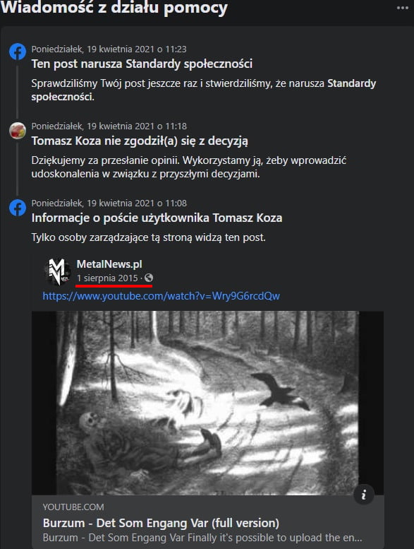 Profil MetalNews.pl usunięty z Facebooka 3 Ostrzeżenie Facebooka za post z 2015 roku