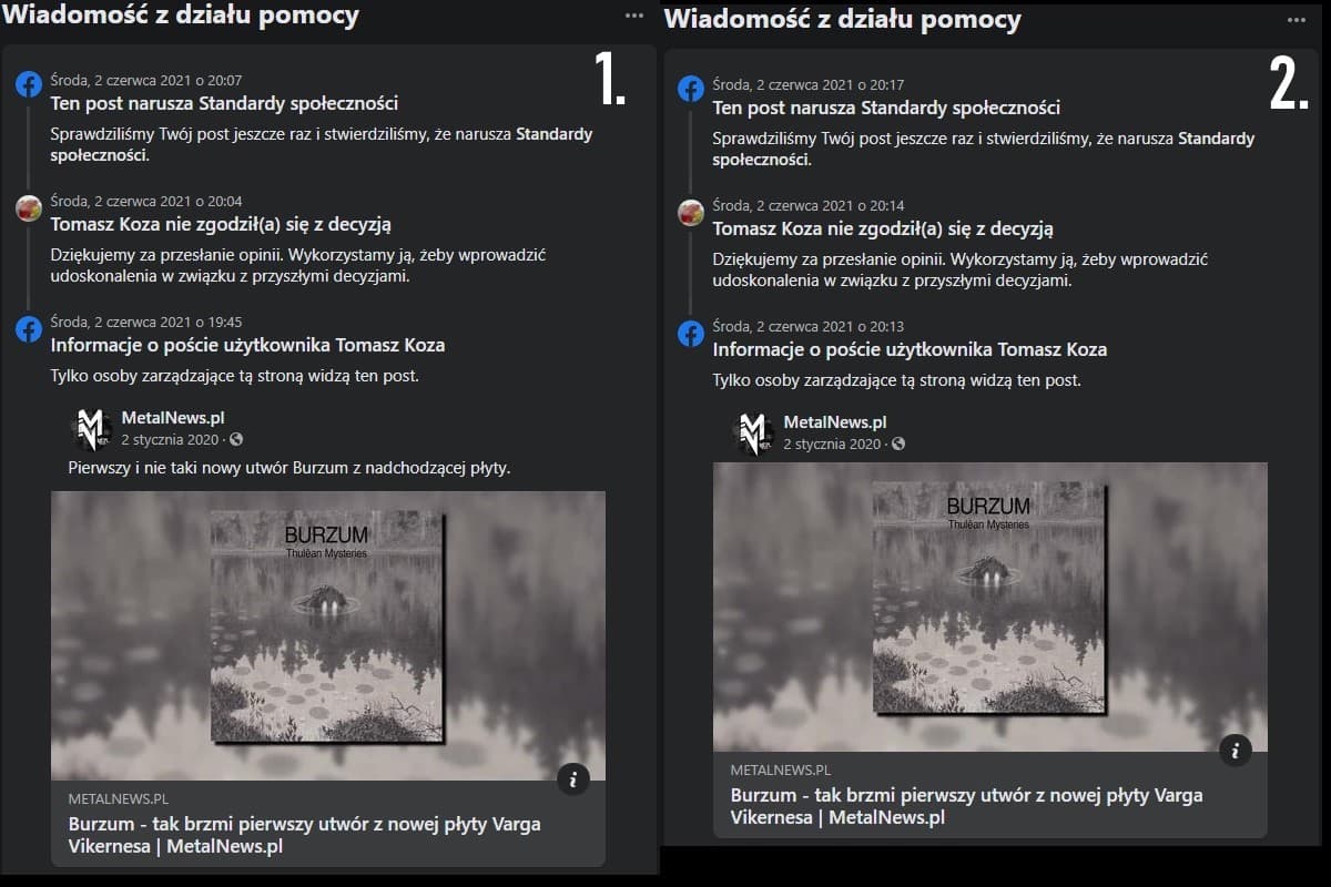 Profil MetalNews.pl usunięty z Facebooka 2 Screeny z działu pomocy Facebooka na temat naruszeń zasad