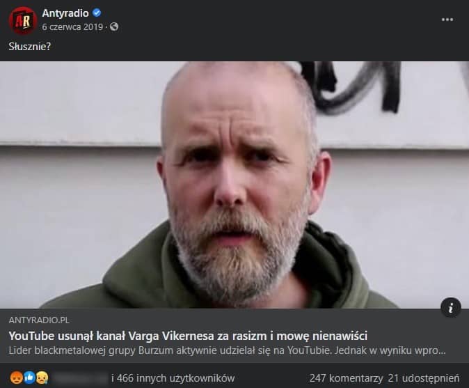 Twój Burzum jest lepszy niż mój. Hipokryzja Facebooka ws. Varga Vikernesa 8 Kolejny post Antyradia na Facebooku na temat Varga Vikernesa