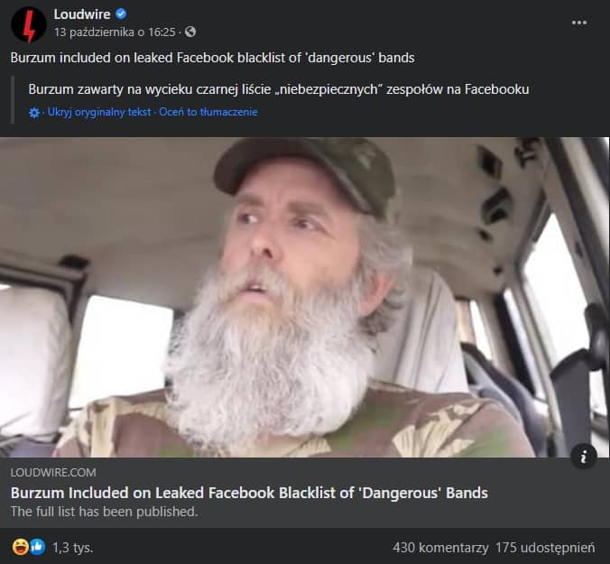 Twój Burzum jest lepszy niż mój. Hipokryzja Facebooka ws. Varga Vikernesa 3 Post Loudwire o Burzum na Facebooku