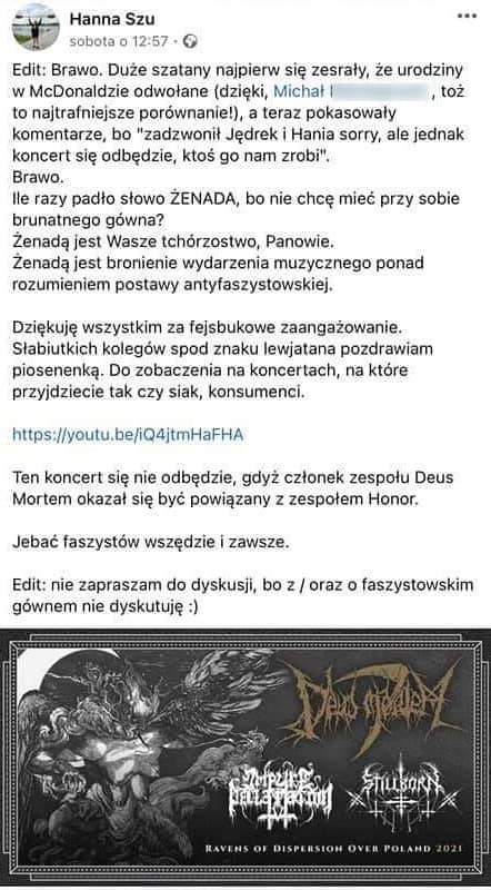 Koncert Deus Mortem odwołany. Powód? Oskarżenia o nazizm 2 Screen z usuniętego wydarzenia Deus Mortem