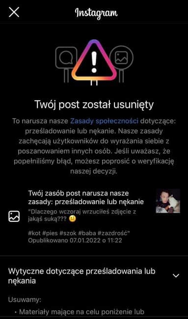 Post wokalisty Nocnego Kochanka na Instagramie usunięty. Powód? "Suka" 2 Informacja o skasowanym poście na Instagramie Krzysztofa Sokołowskiego