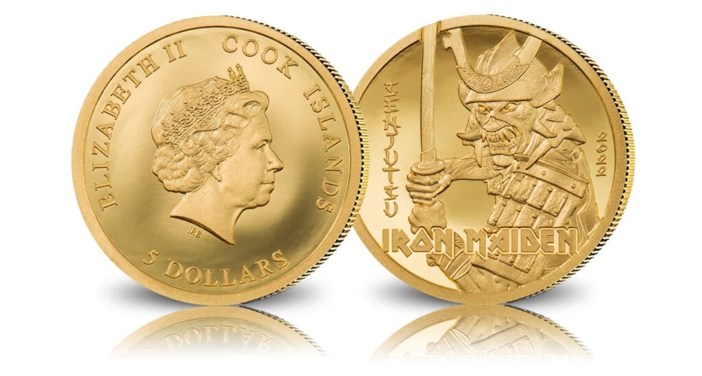 Kolekcjonerskie monety i banknoty Iron Maiden ze złota! 4 Iron Maiden Senjutsu złota moneta Wyspy Cooka 2022