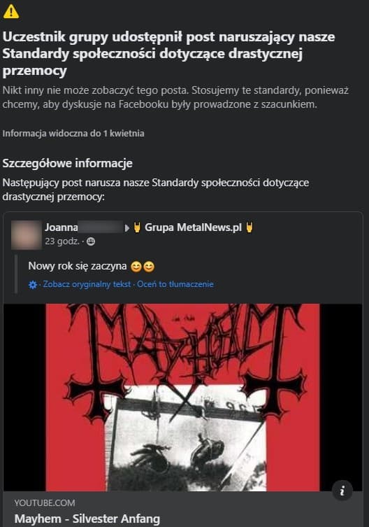 Black metalowy Mayhem z ograniczeniami na Facebooku? 3 Informacja o skasowanym poście na Facebooku