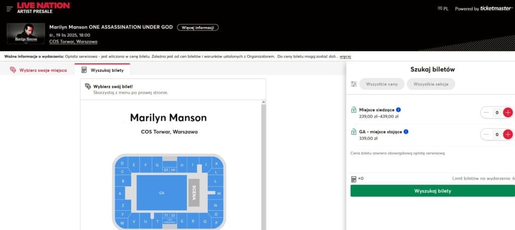 Marilyn Manson w Warszawie w 2025. Jakie są ceny biletów? 2 Ceny biletów na koncert Marilyna Mansona w Warszawie