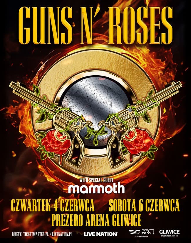 Ceny biletów na Guns N' Roses w Gliwicach w 2026 roku 2 Dwa koncerty Guns N' Roses w Polsce w 2026 - plakat promujący