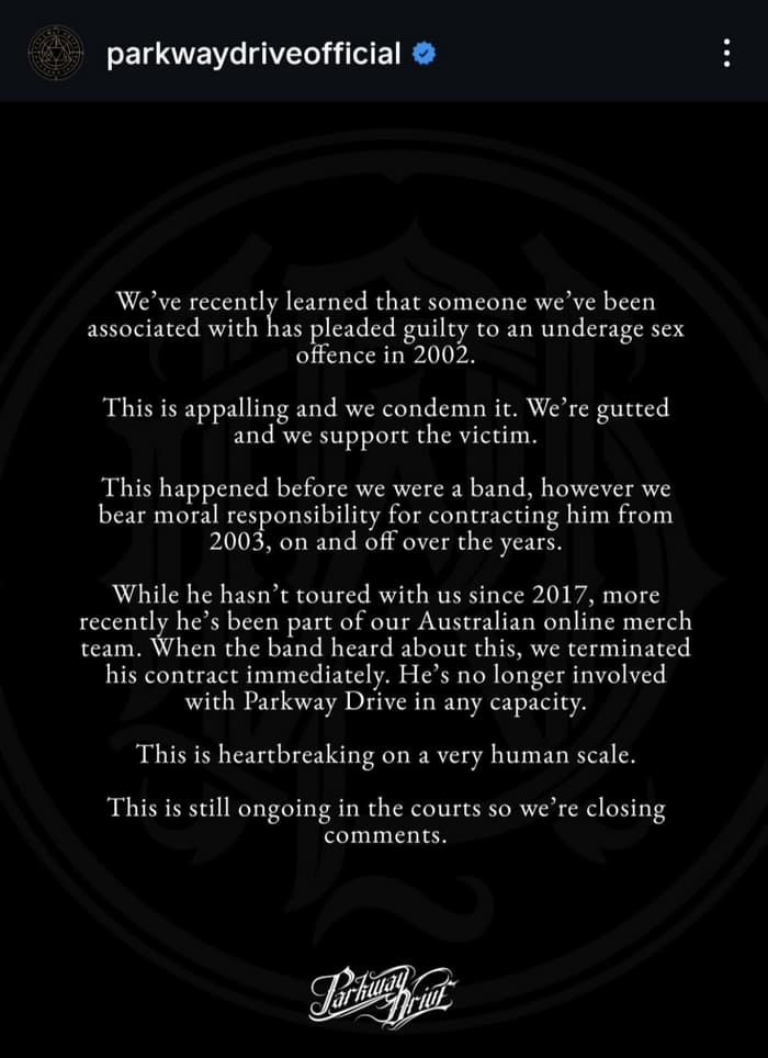 Parkway Drive komentuje sprawę przestępstwa sprzed lat - „To odrażające” 2 Oświadczenie Parkway Drive na Instagramie