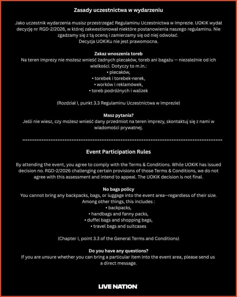 Oświadczenie Live Nation Polska