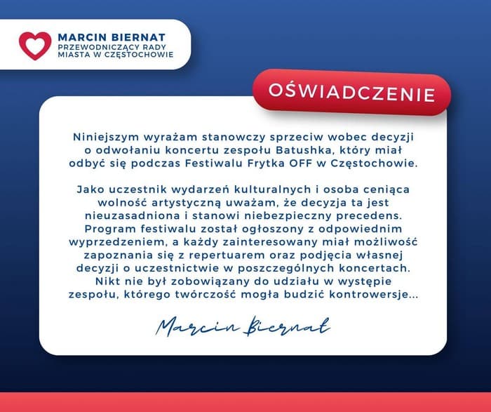 Batushka wróci na Frytka OFF? Powstała kontrpetycja po odwołaniu koncertu 3 Oświadczenie Marcina Biernata w sprawie koncertu Batushki