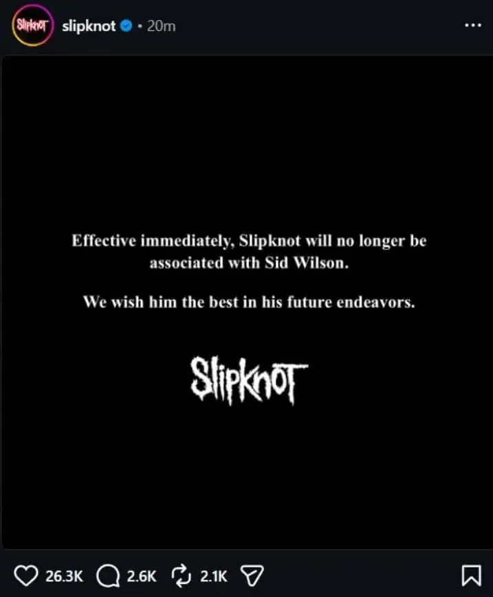 Slipknot rozstaje się z Sidem Wilsonem "ze skutkiem natychmiastowym" 2 Usunięty post o pożegnaniu Sida Wilsona przez Slipknot