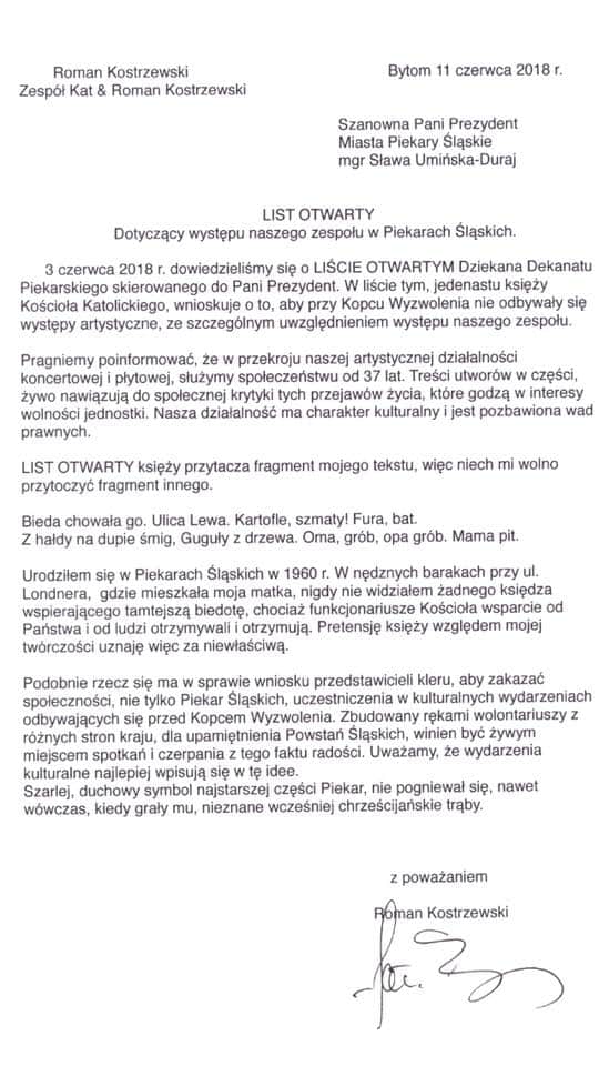 roman kostrzewski list otwarty